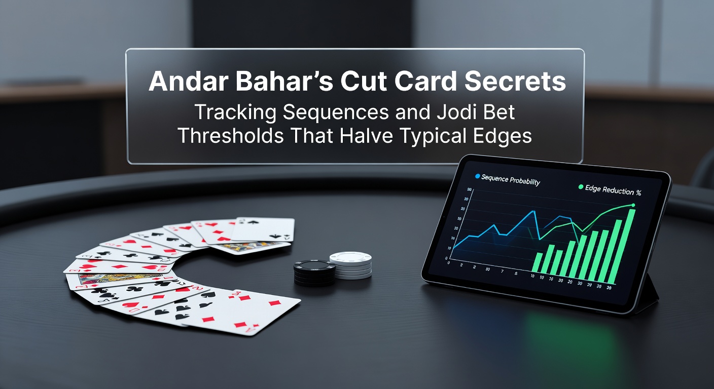 Close-up of an Andar Bahar table setup showing the cut card position amid dealt cards on Andar and Bahar sides