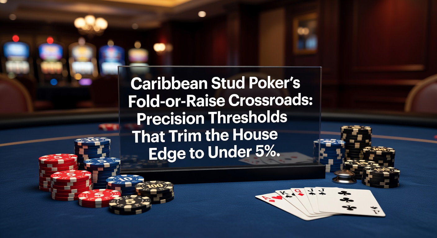 Close-up of a Caribbean Stud Poker table showing player cards, dealer upcard, ante and raise chips scattered across the green felt under casino lights