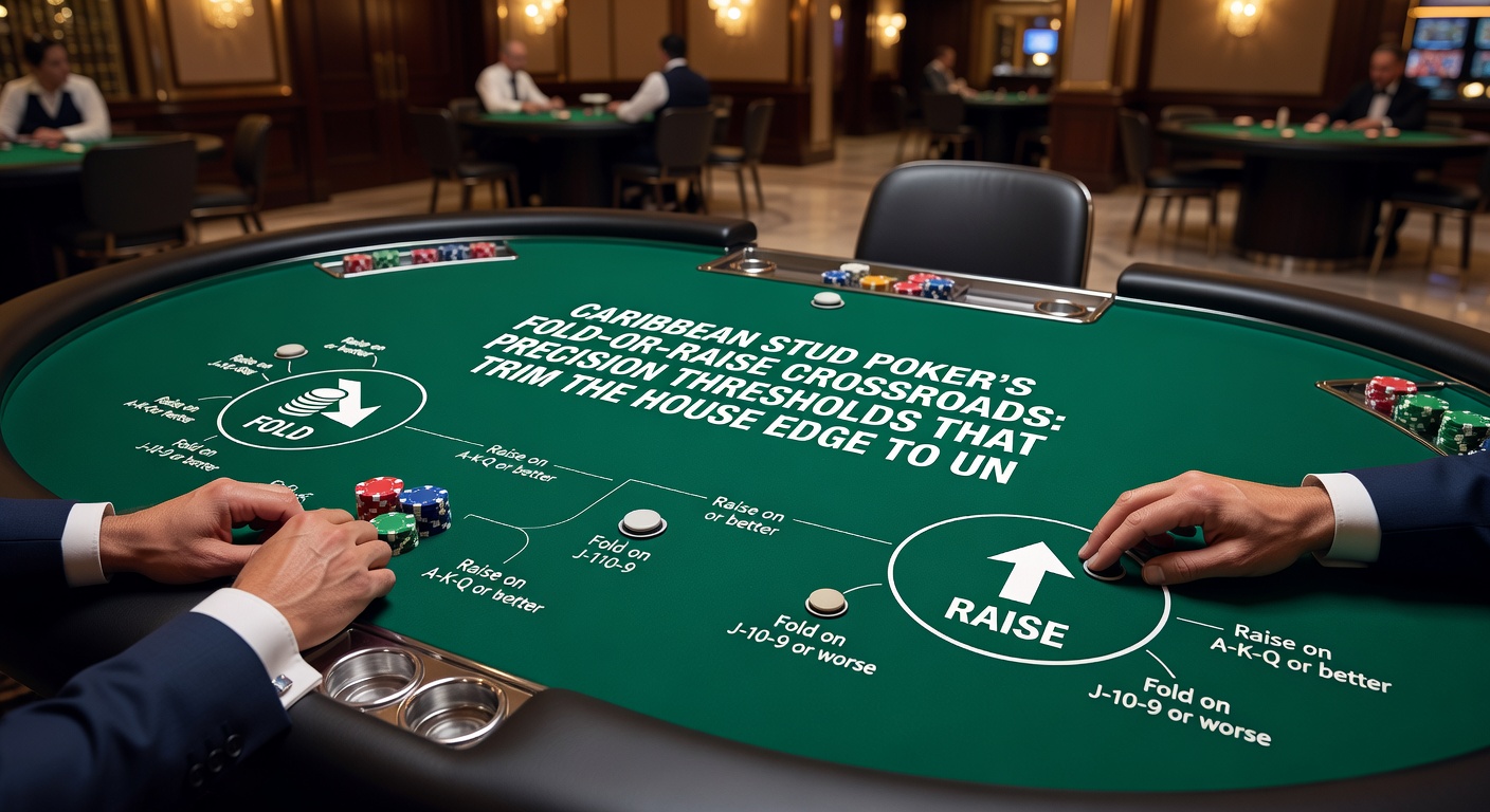 Digital simulation graphic displaying Caribbean Stud Poker probability charts, fold/raise decision trees, and house edge graphs trending downward with optimal play highlighted in green