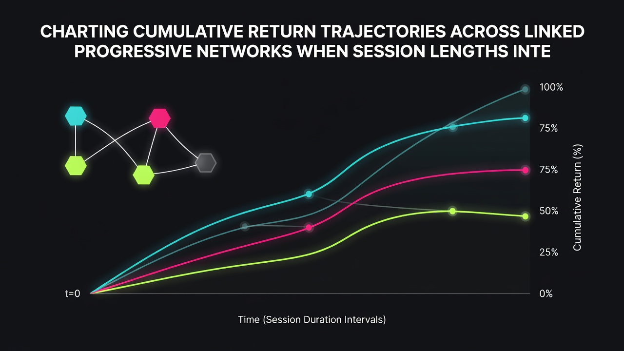 Chart displaying cumulative return data points overlaid with session duration bars and vertical lines marking jackpot reset moments in a progressive network
