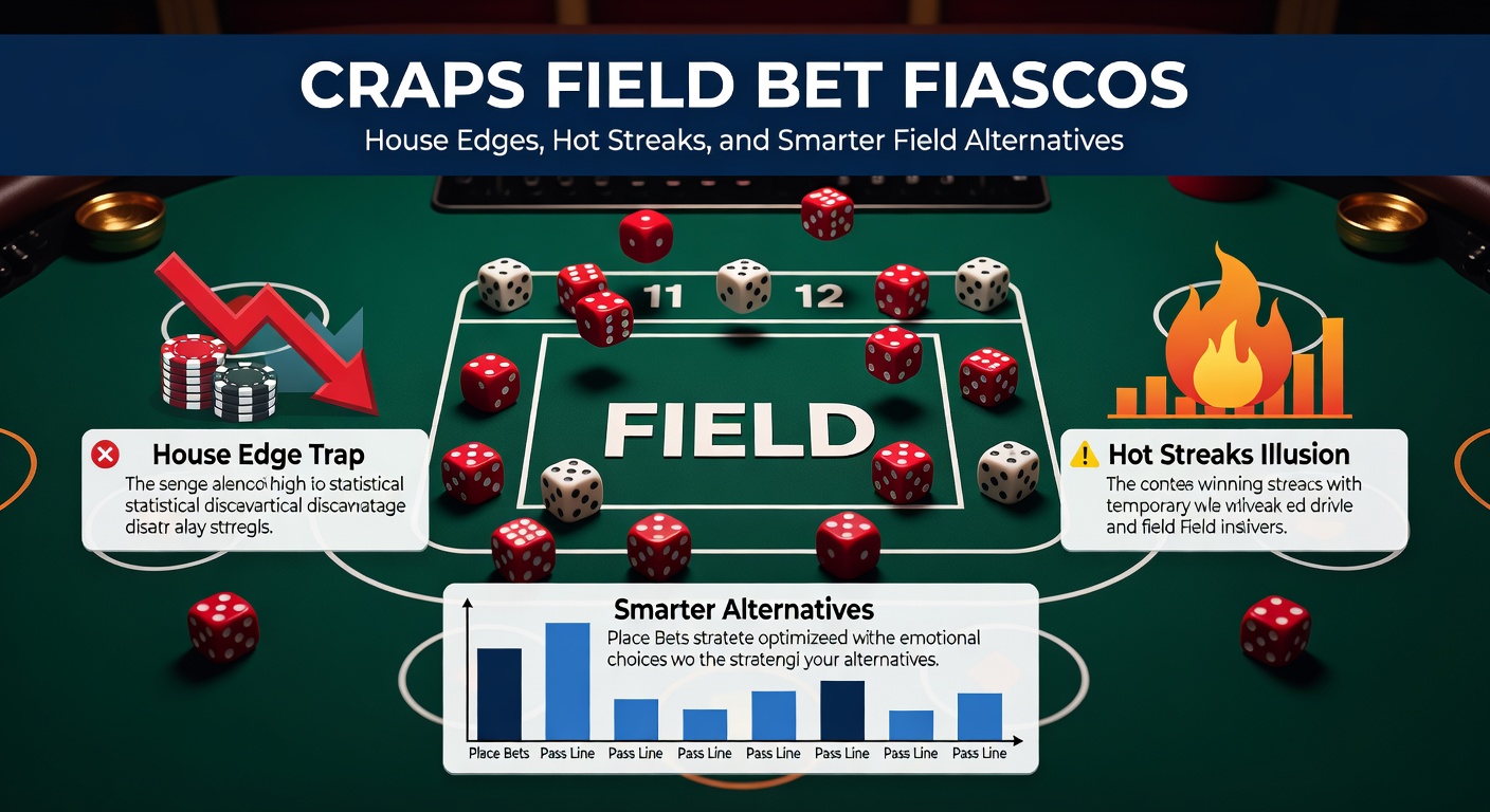 Craps table with field bet section highlighted amid lively casino action, showing chips stacked on the field line