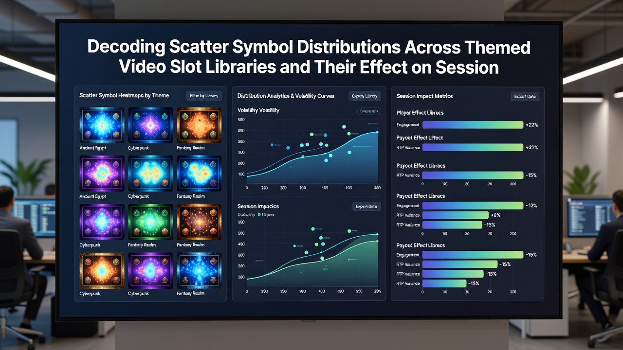 Charts and graphs showing session duration metrics correlated with scatter symbol frequencies in video slots