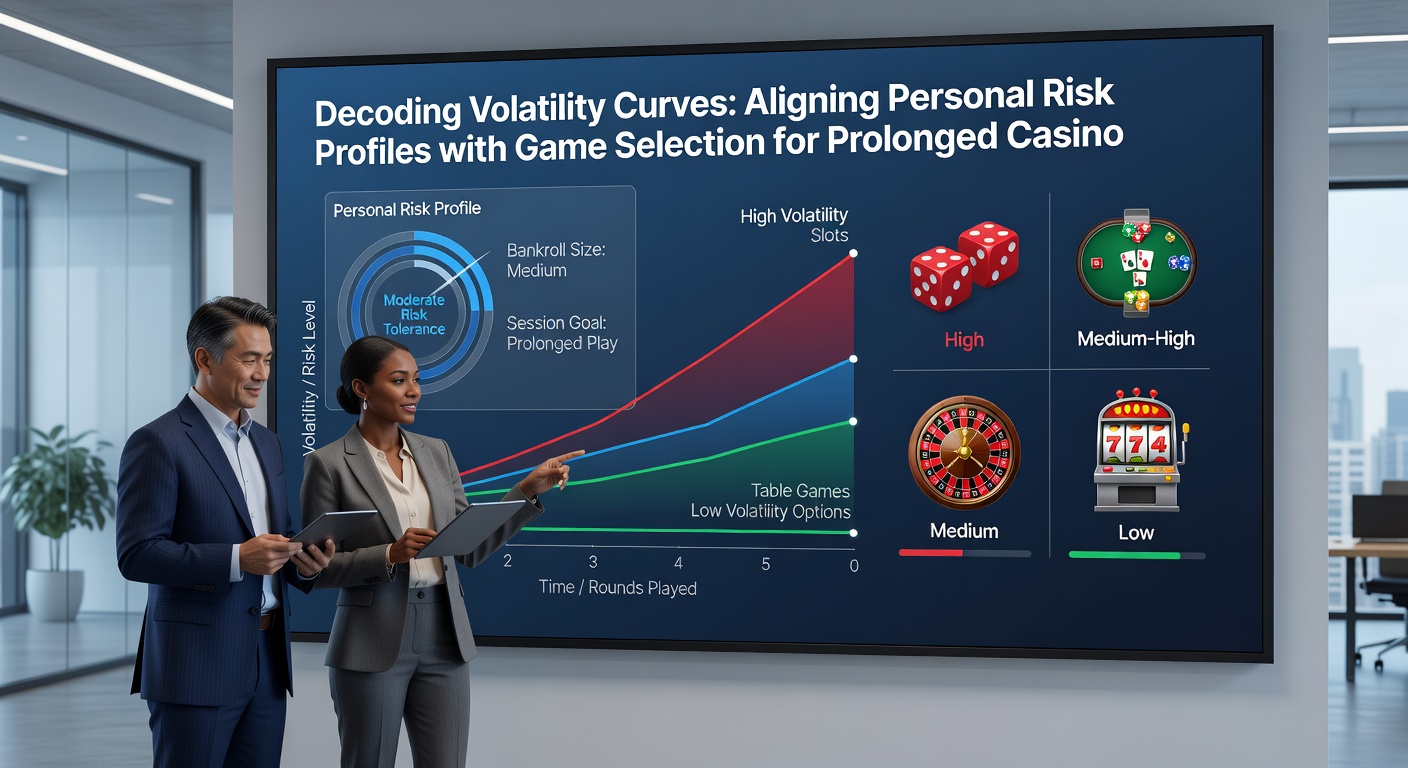 Casino floor scene with players reviewing game volatility information on digital displays