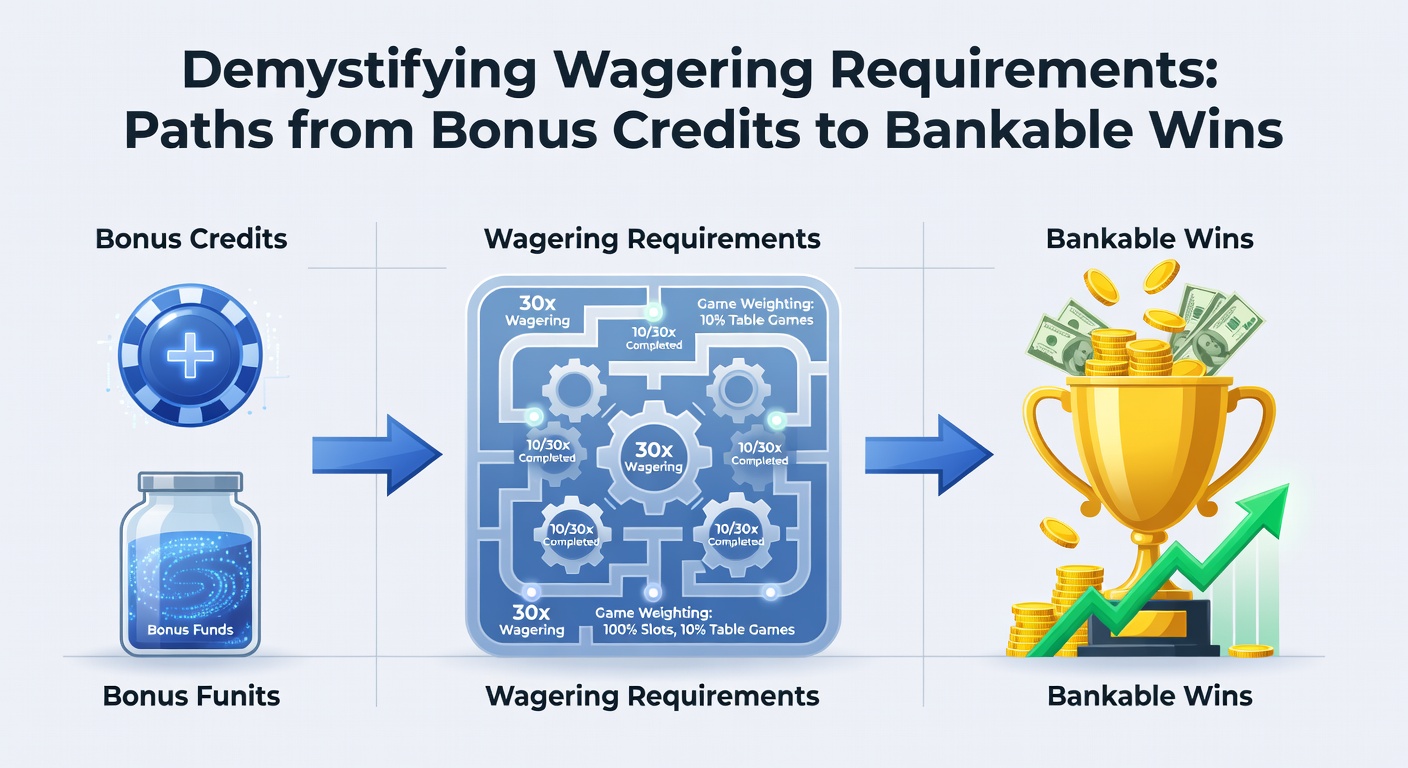 Visual breakdown of the wagering requirements process from bonus claim to cash withdrawal