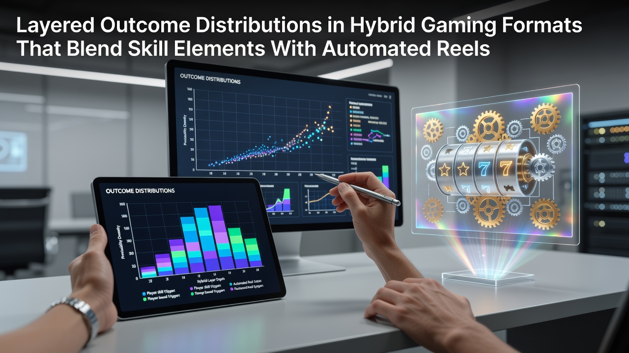 Diagram showing layered probability distributions in skill-reel hybrid games with overlapping skill modifiers and base reel RNG outcomes