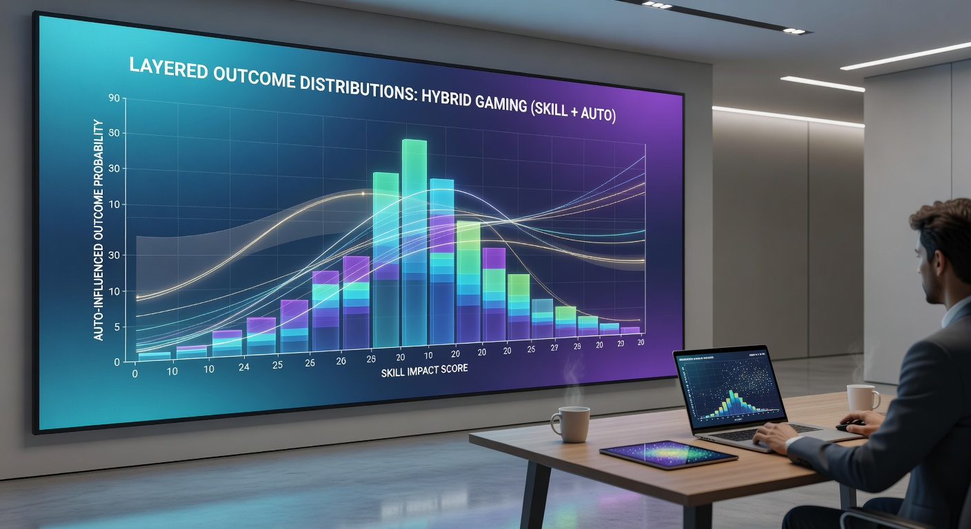 Flowchart illustrating skill decision branches overlaid on reel outcome probabilities in hybrid gaming formats