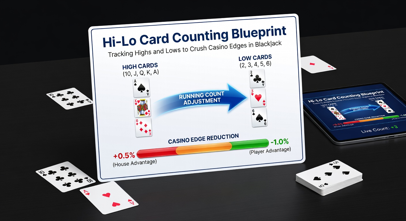 Illustration of a blackjack table with cards showing high and low values during a Hi-Lo count session, highlighting the running count display