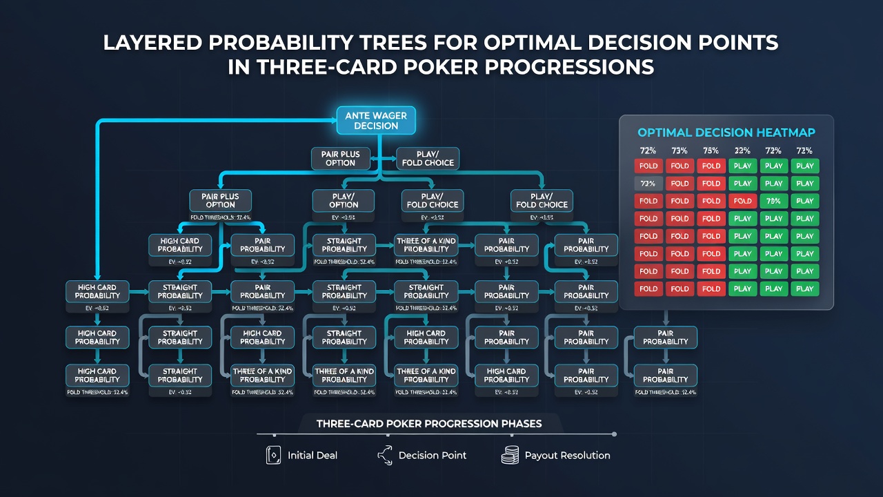 Flowchart illustrating probability branches for three-card poker raise decisions and pair plus outcomes across multiple rounds