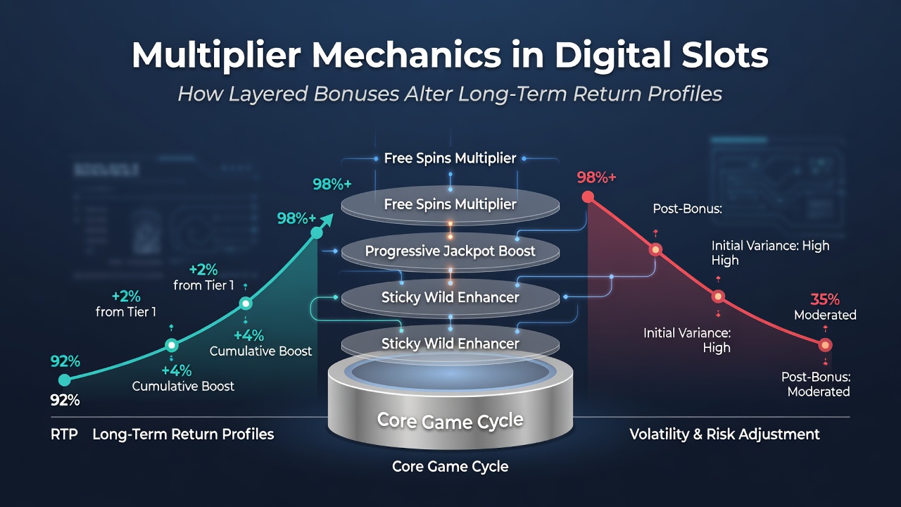 Analytical chart showing RTP fluctuations across multiplier layers in simulated slot sessions