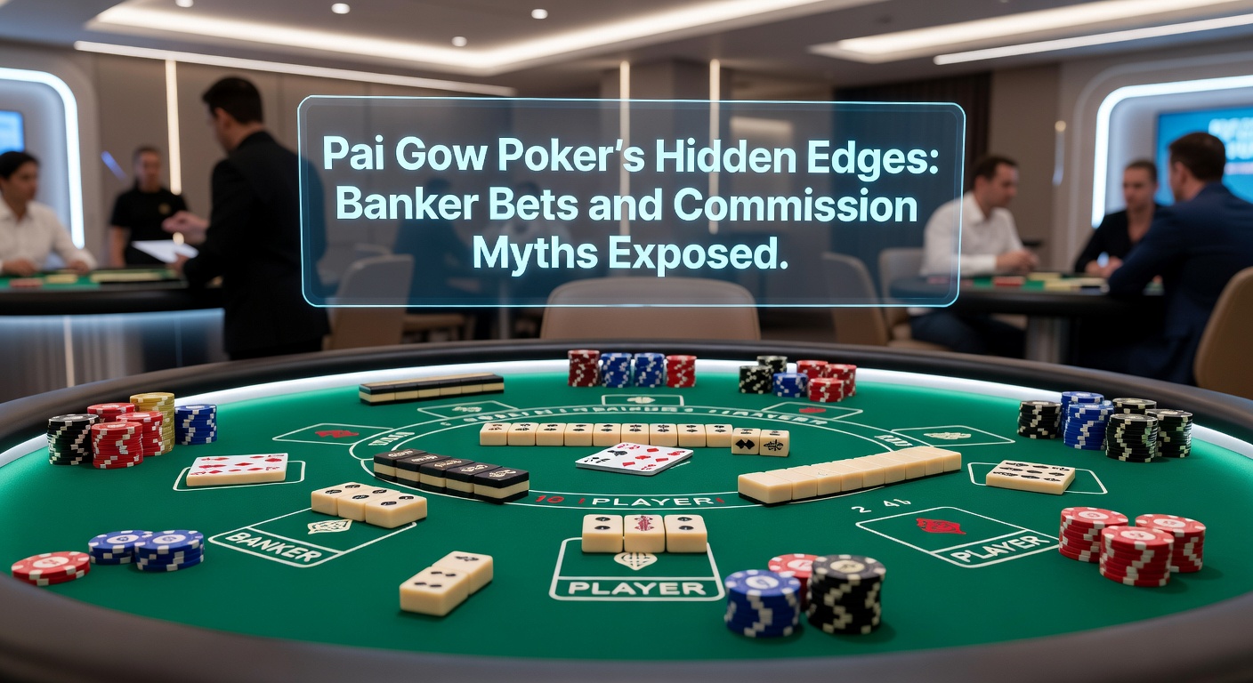 Close-up of Pai Gow Poker banker hand versus player hands, chips stacked