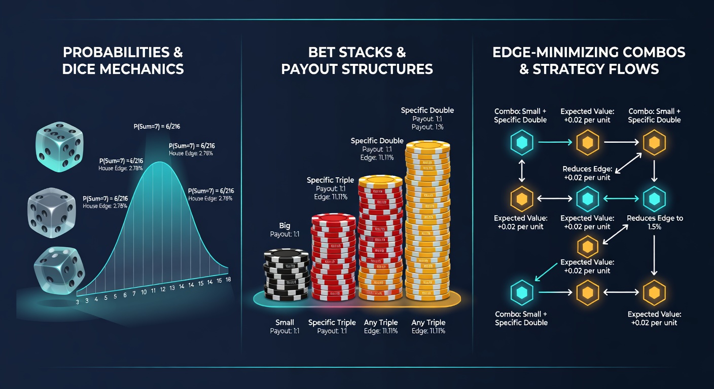 Close-up of stacked Sic Bo chips on multiple bet spots, illustrating combination wagering during a live game