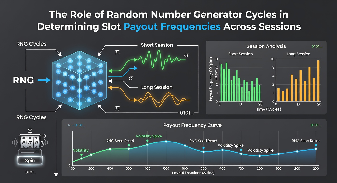 Infographic illustrating multiple slot sessions overlaid on a single RNG cycle timeline with payout frequency markers and session boundary lines