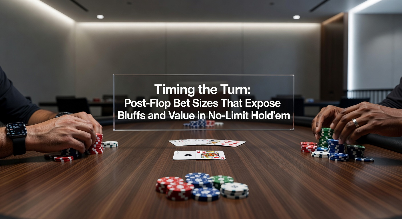 Close-up of a poker table during the turn, with stacks of chips and players contemplating bet sizes in a No-Limit Hold'em game