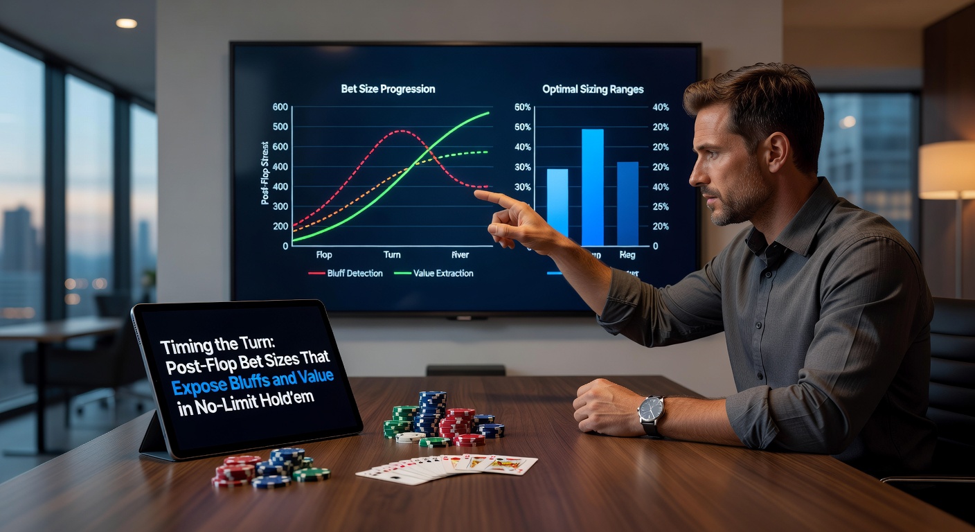 Poker player analyzing bet sizing on a digital solver screen during a turn decision in No-Limit Hold'em