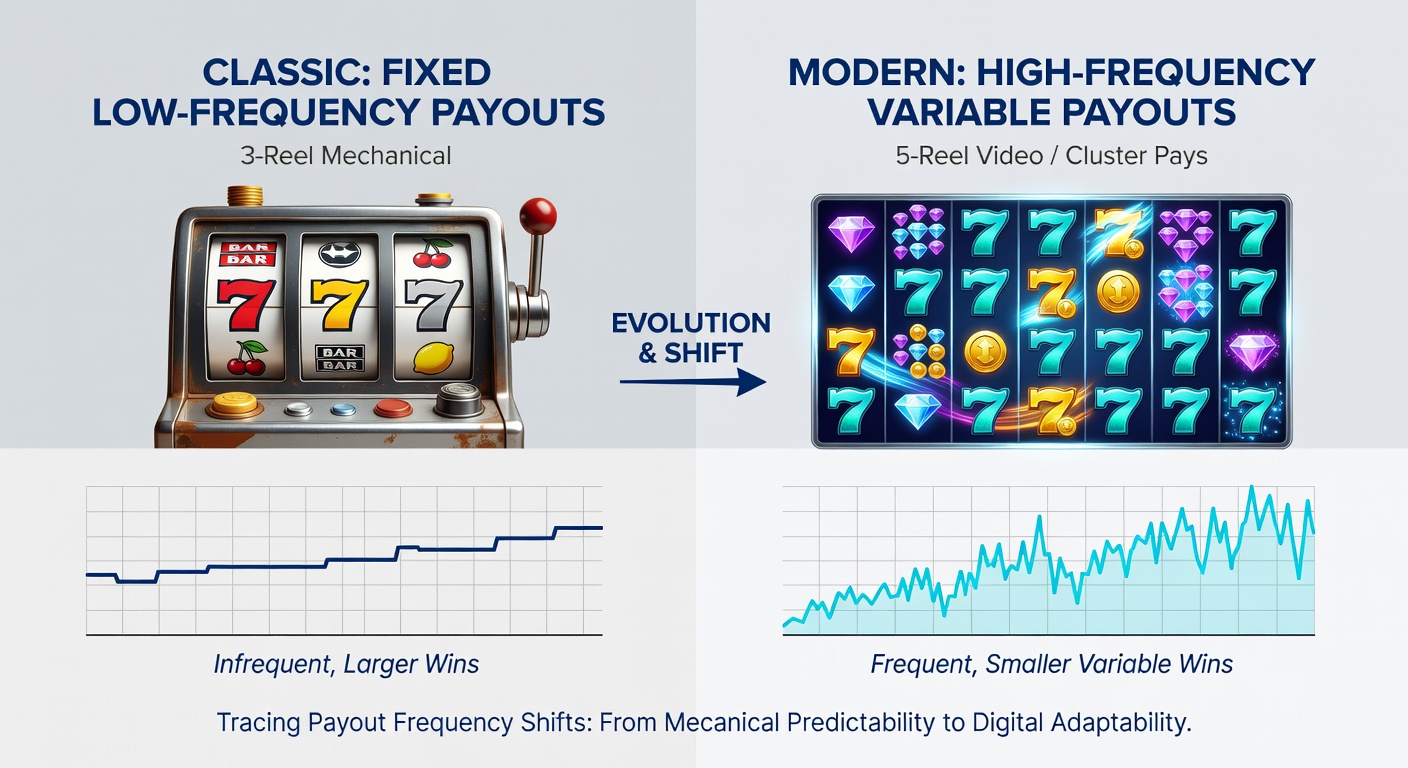 Comparison of classic three-reel mechanical slot machine and modern multi-reel video slot interface side by side