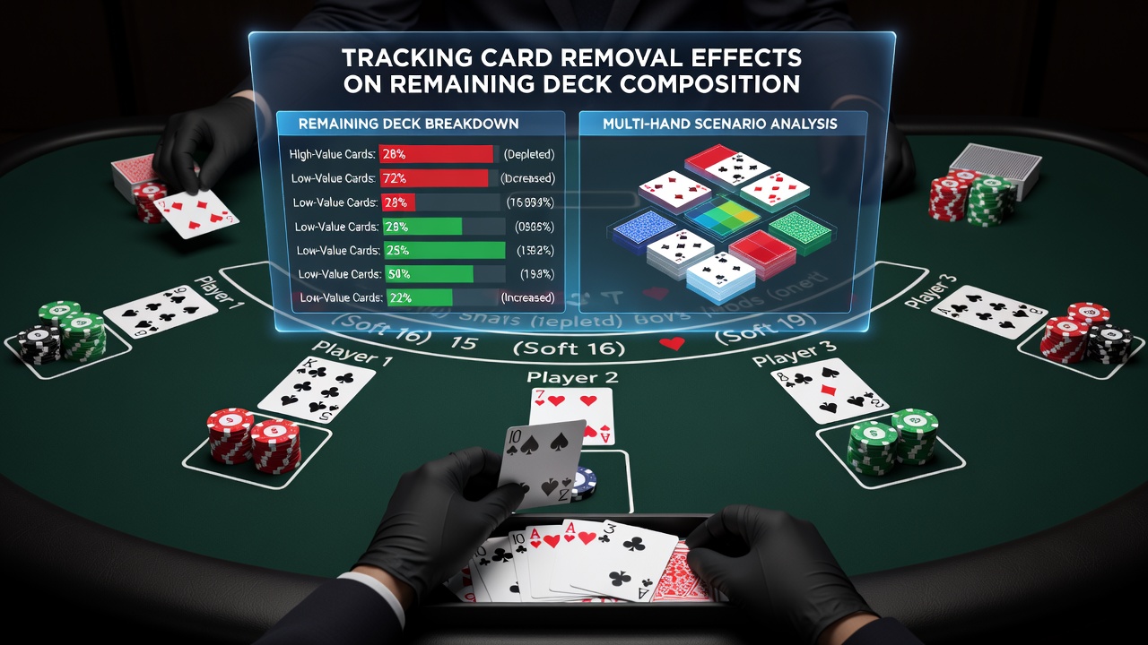Close-up of blackjack shoe and discarded cards illustrating deck composition changes