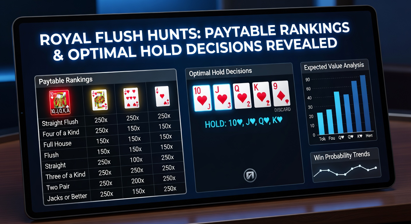 A vibrant video poker screen flashing a royal flush win, coins cascading down in celebration