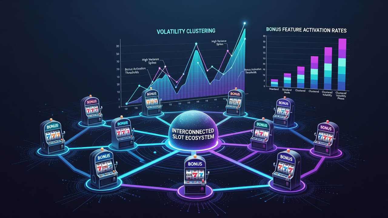 Network diagram of linked slot machines displaying clustered volatility zones and bonus activation pathways